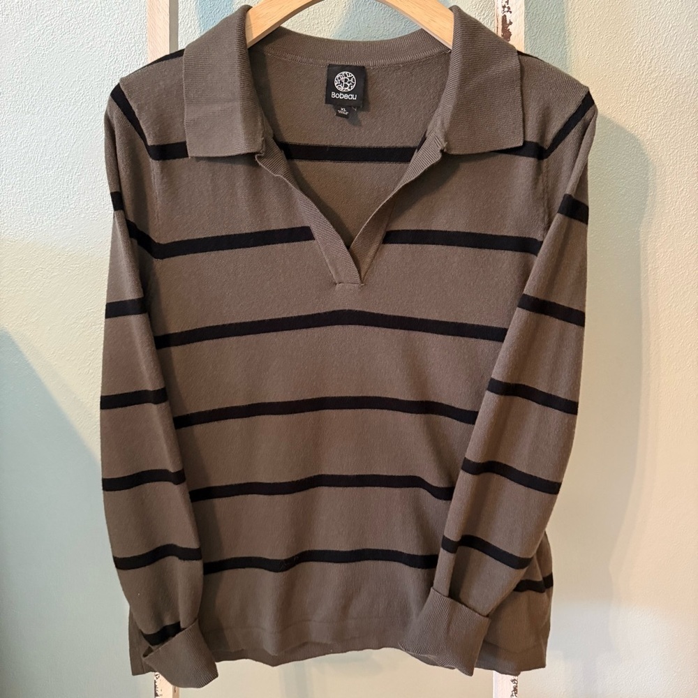 Bobeau Olive Green Striped Knit Polo V Neck Crop Sweater Size XL - Picture 4 of 8